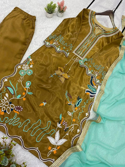 Glass Roman Embroidery Kurti Pant Set | Georgette Dupatta, Indian Wedding Wear