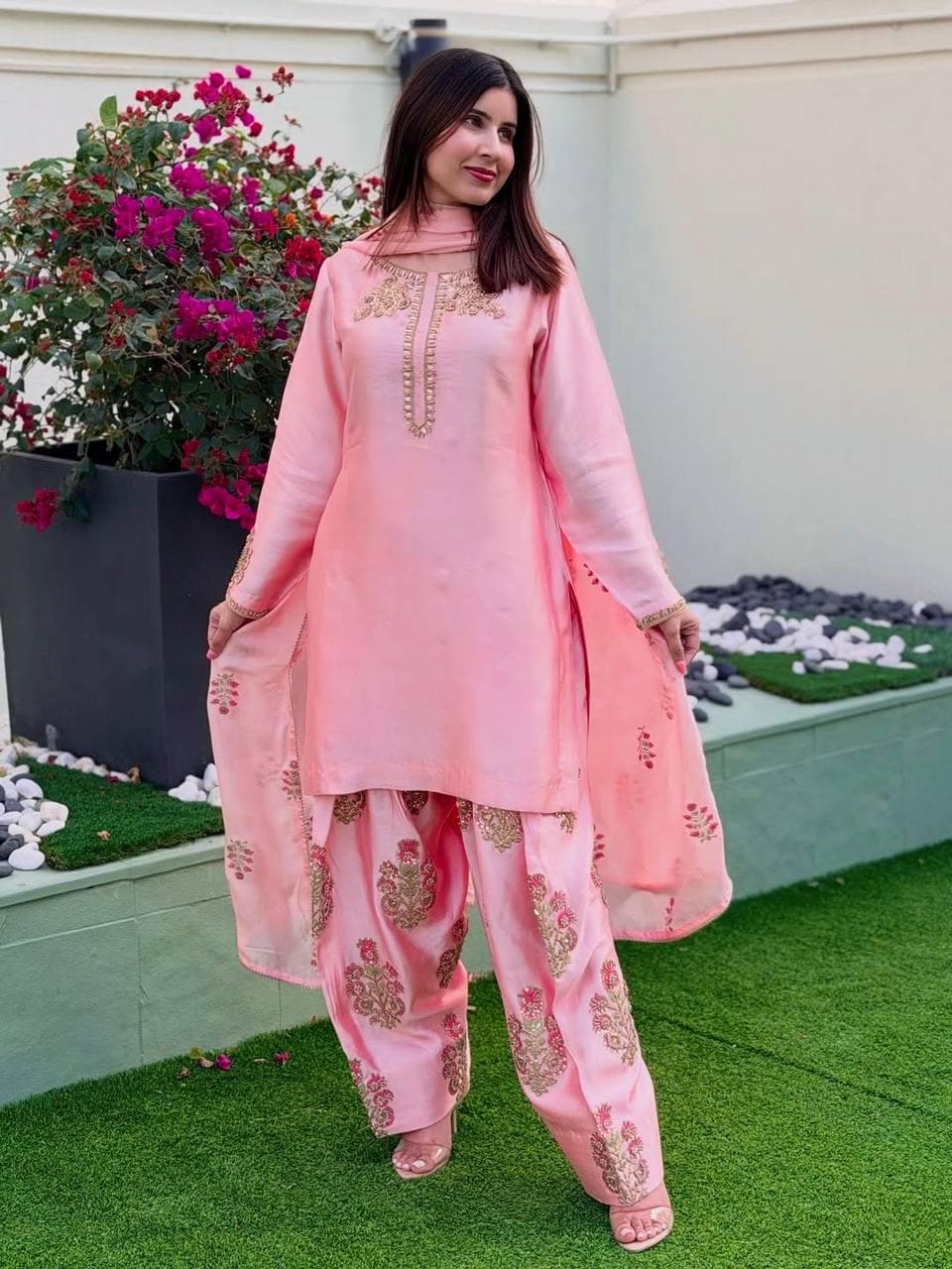 Pink Crepe Silk Suit Set, Heavy Embroidery Party Outfit, Ready Wear Indian Dress