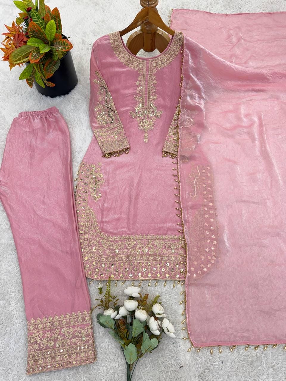 Pink Silk Top, Bottom, Dupatta Set: Heavy Embroidery Sequence Work (Fully Stitched)