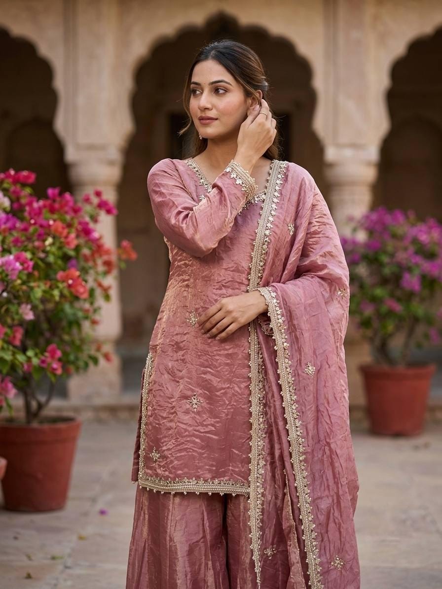 Designer Fendy Silk Sharara Suit Set: Rosy Pink Embroidery, Real Mirror Work Festive Wear