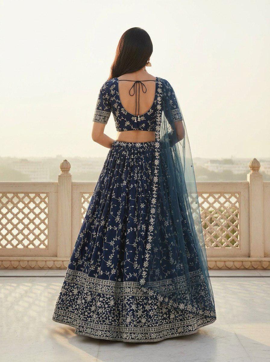 Designer Indian Wedding Lehenga Choli Set: Royal Blue Georgette Embroidery (Made To Order)