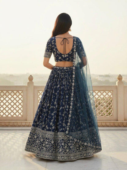Designer Indian Wedding Lehenga Choli Set: Royal Blue Georgette Embroidery (Made To Order)