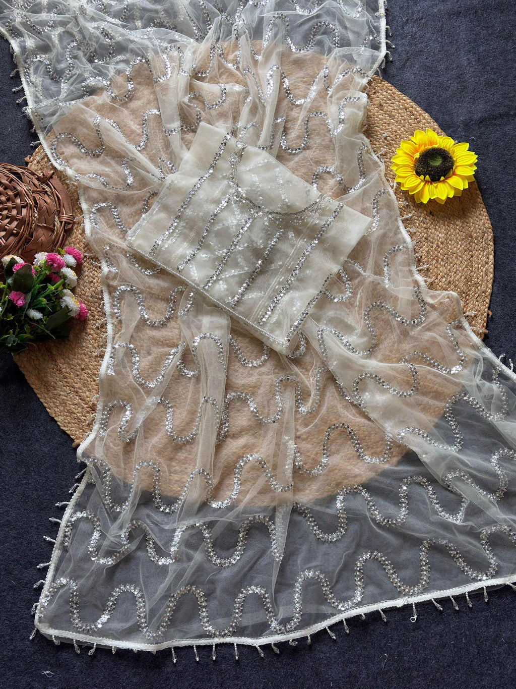 White Soft Net Saree with Beadwork & Cutwork Border