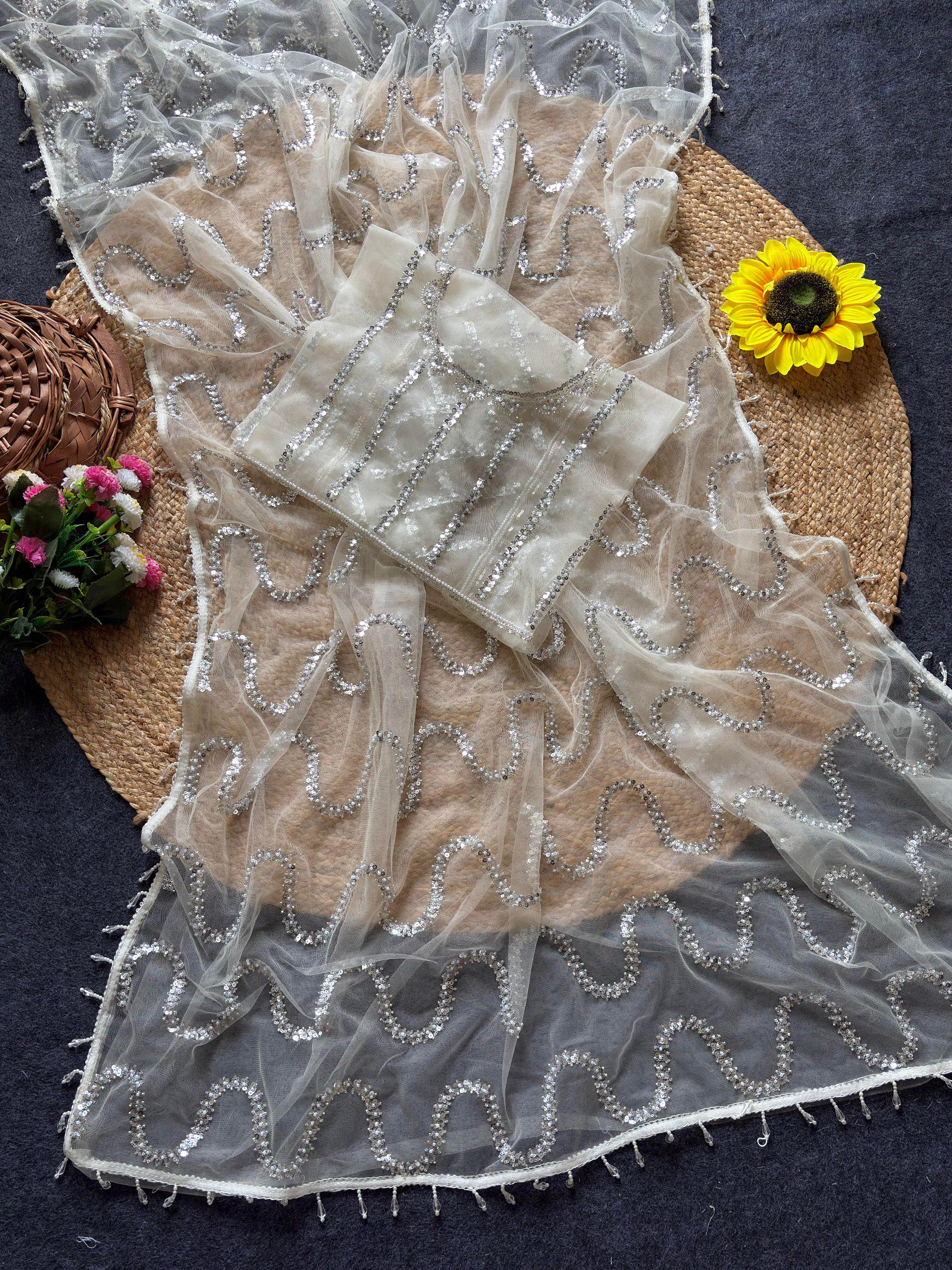 White Soft Net Saree with Beadwork & Cutwork Border