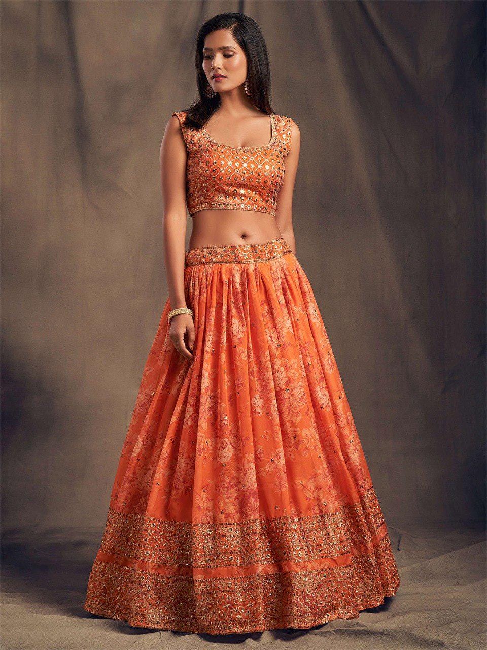 Dusty Rose Organza Lehenga Choli Set | Printed Embroidery Sequence Wedding Dress