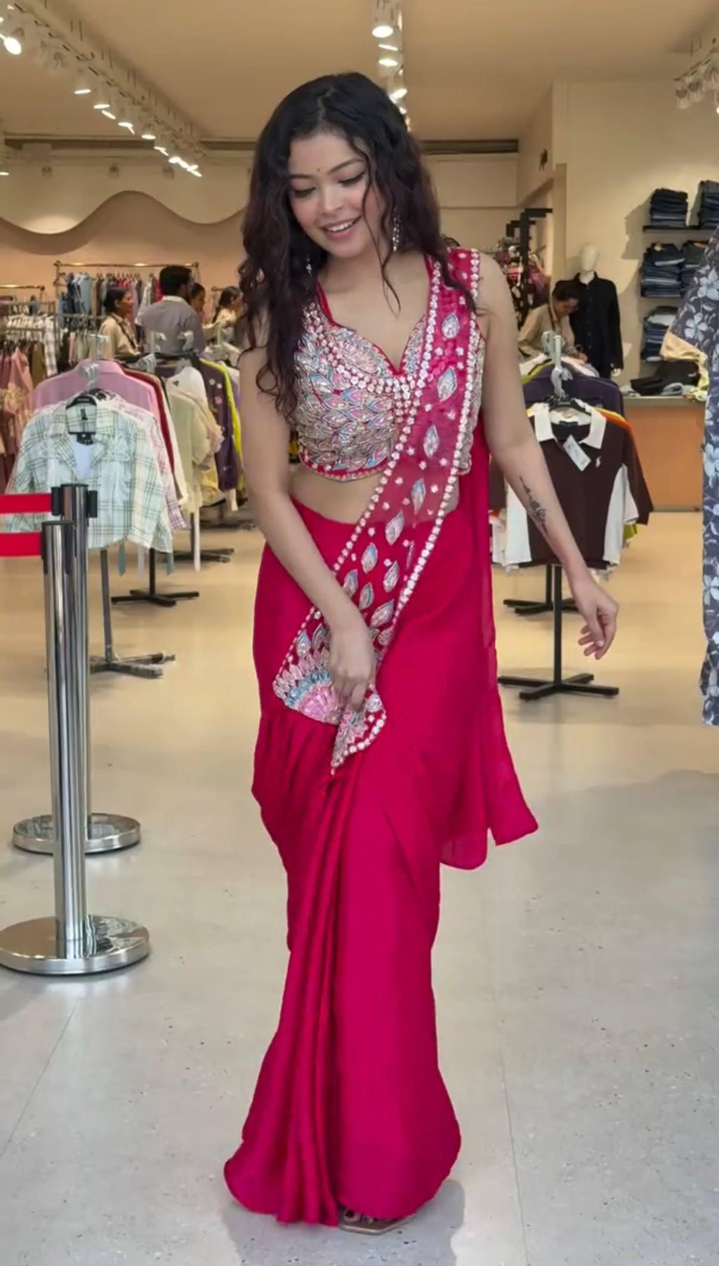 Ready-to-Wear Red Faux Georgette Saree with Sequin Work