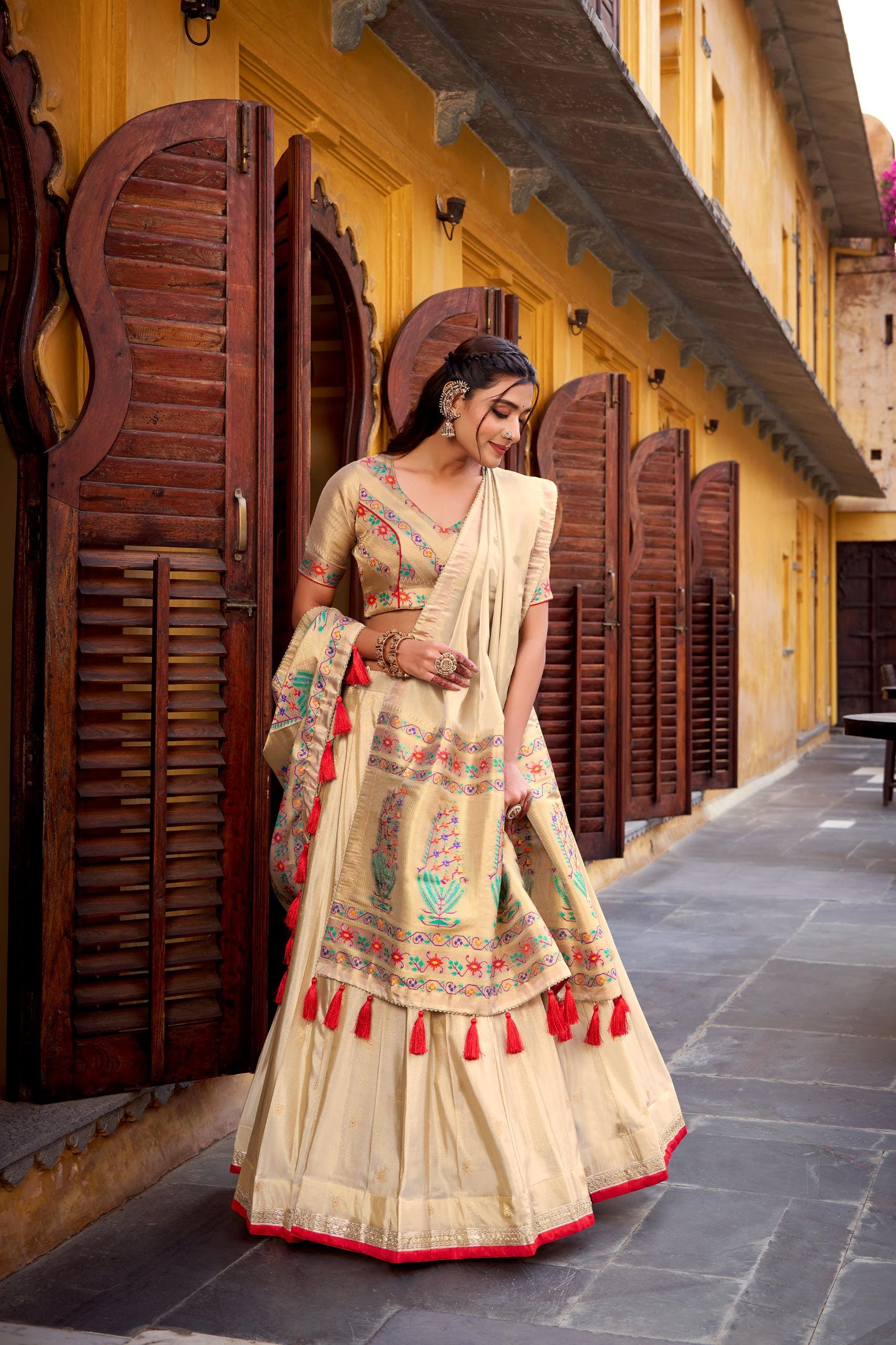 Paithani Silk Lehenga Choli — Cream & Gold Zari Weave