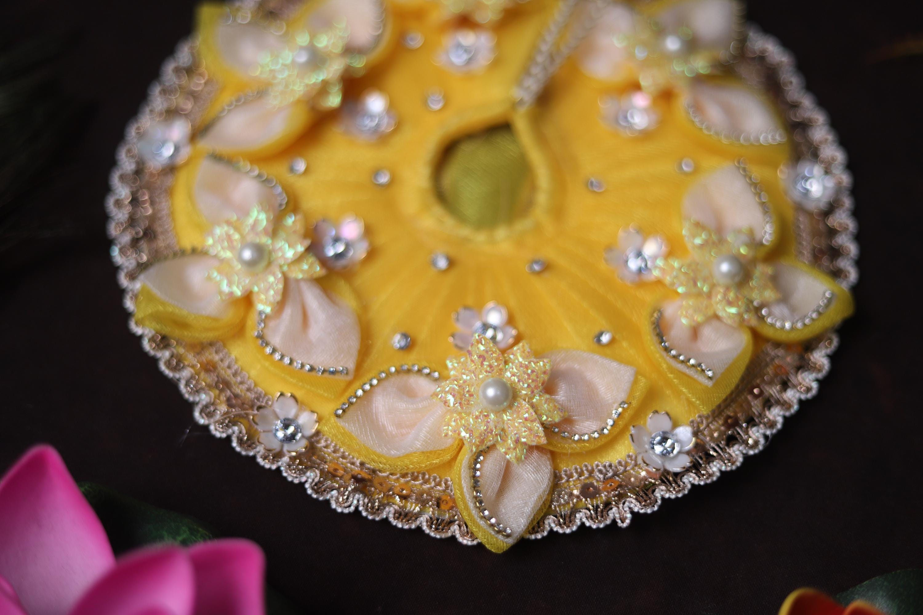 Handcrafted Yellow Kanha Ji Poshak: Floral Stone Pearl Work Festive Dress