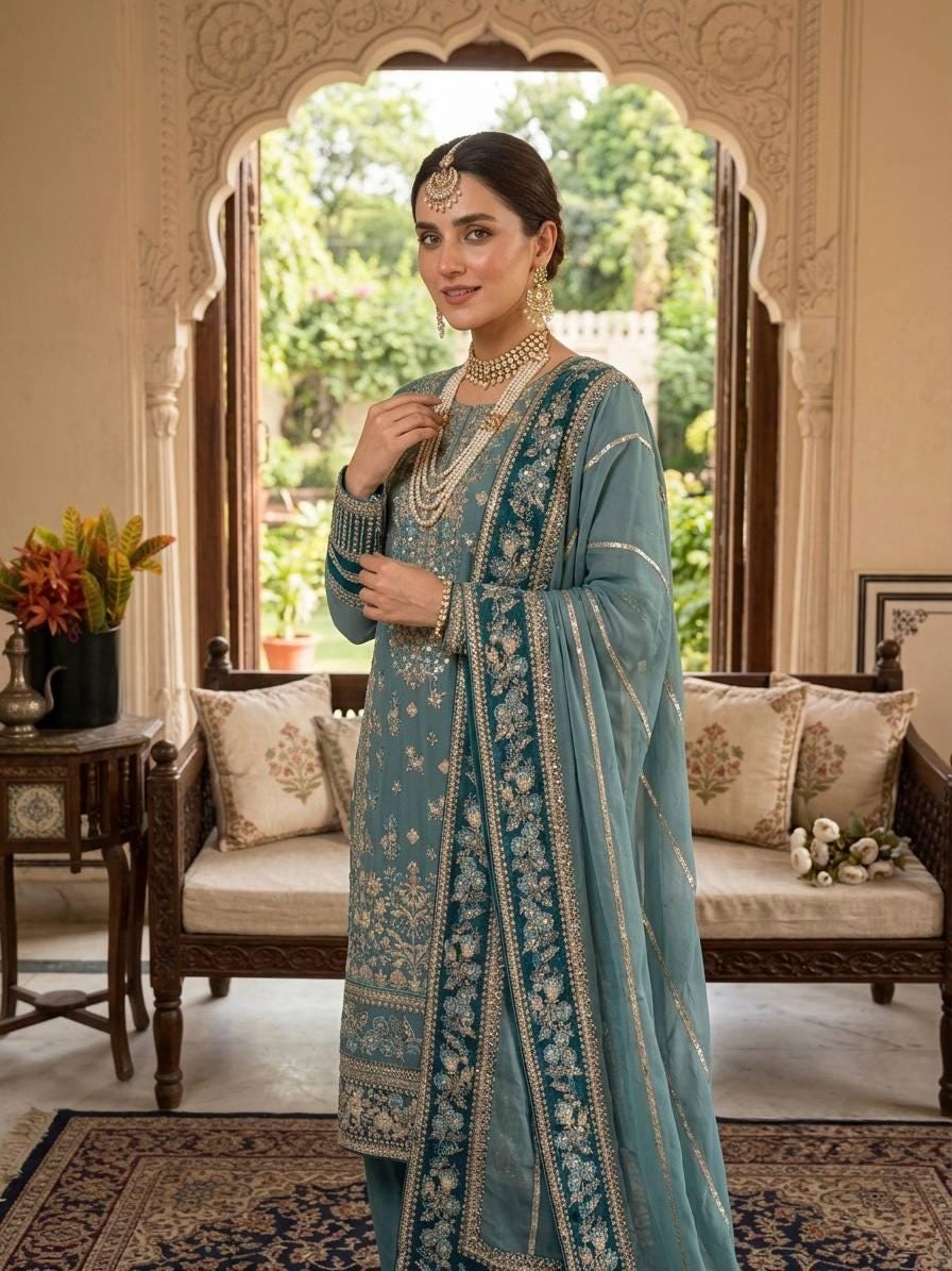 Teal Blue Fox Georgette Suit Set: Heavy Embroidery Sequence Work, Stitched Punjabi Salwar Kameez