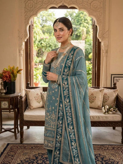 Teal Blue Fox Georgette Suit Set: Heavy Embroidery Sequence Work, Stitched Punjabi Salwar Kameez