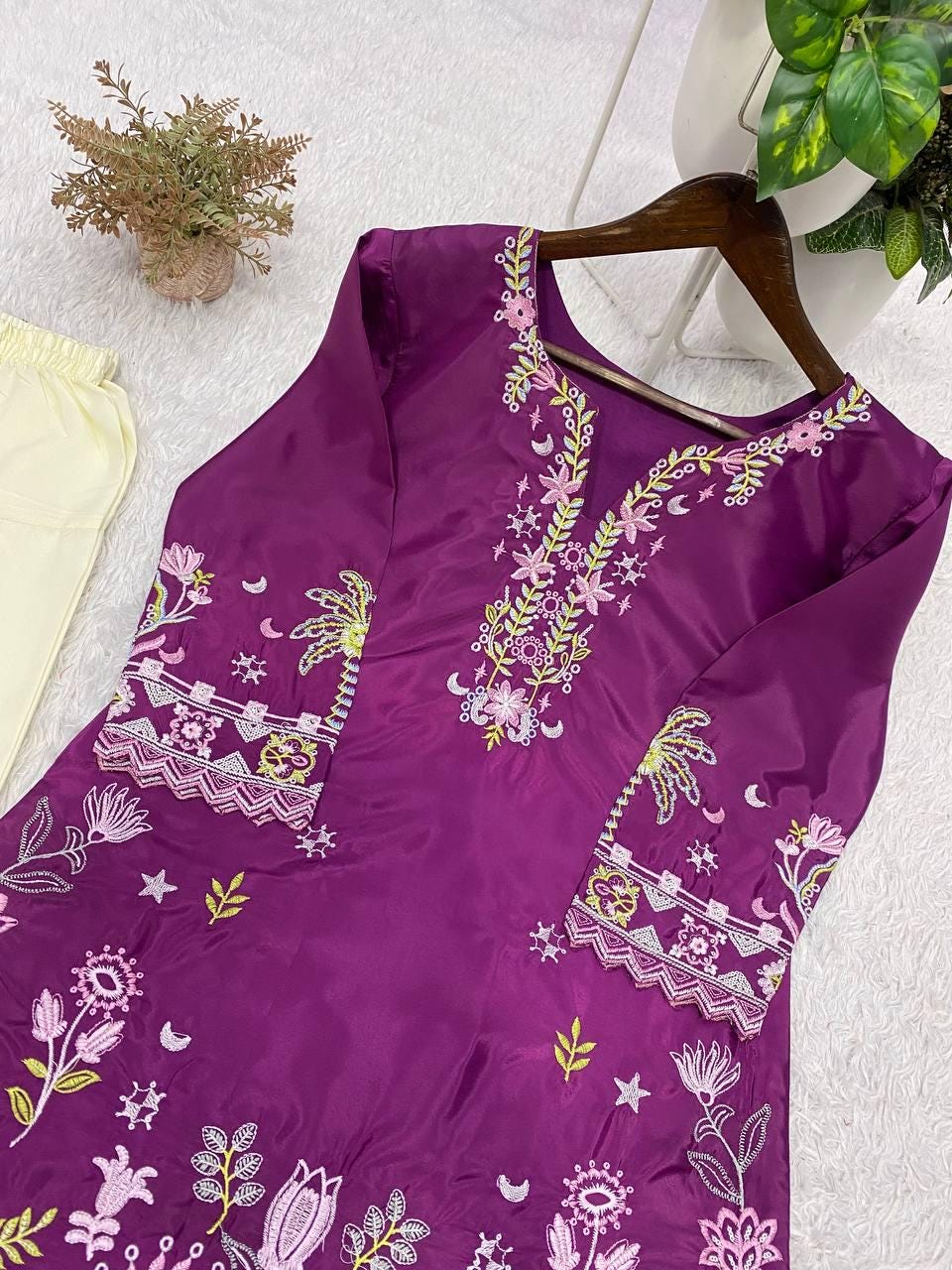 Designer French Crape Embroidered Kurti Salwaar Set | Purple Off-White Ethnic Dress