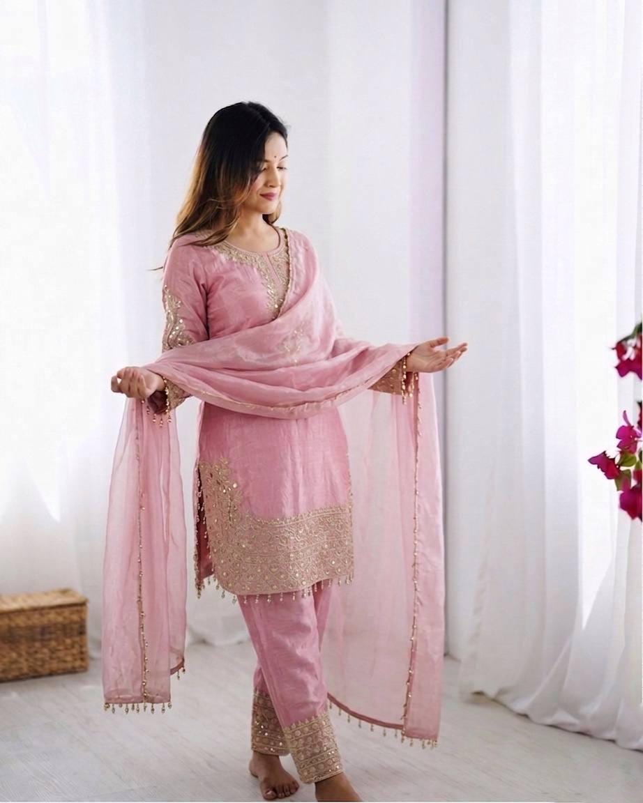Pink Silk Top, Bottom, Dupatta Set: Heavy Embroidery Sequence Work (Fully Stitched)
