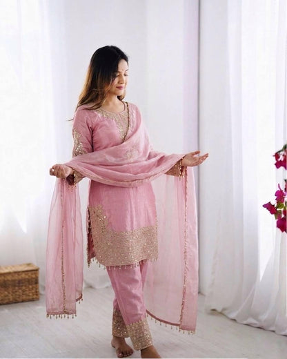 Pink Silk Top, Bottom, Dupatta Set: Heavy Embroidery Sequence Work (Fully Stitched)