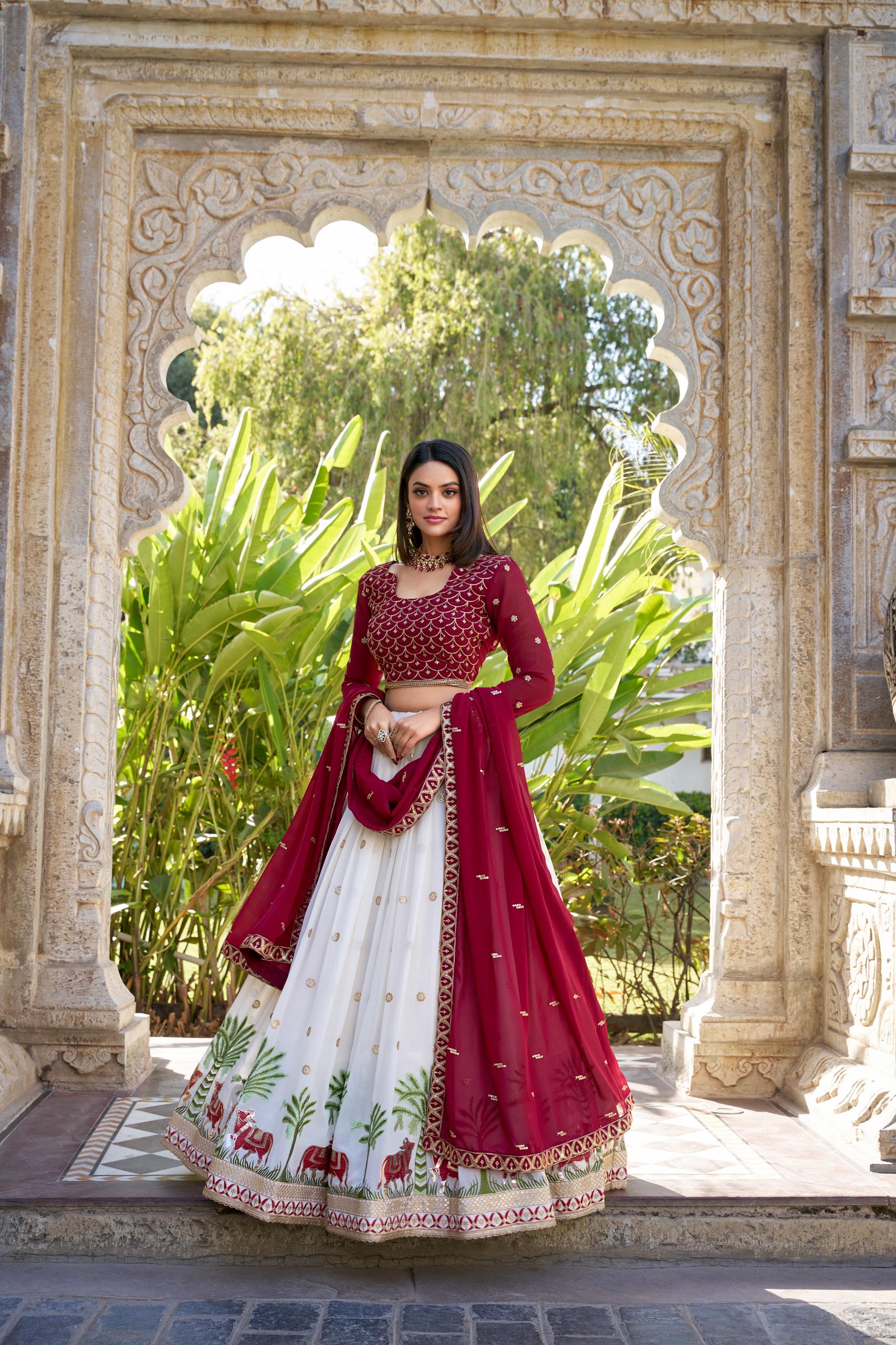 White Georgette Lehenga Choli Set | Sequins Embroidery Work, Festive Occasion Dress