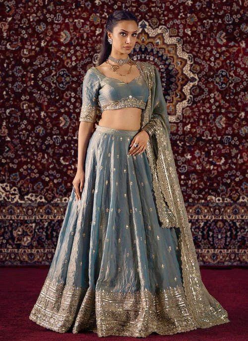 Designer Indian Wedding Lehenga Choli: Tint Blue Fandy Silk Embroidery (Made To Order)