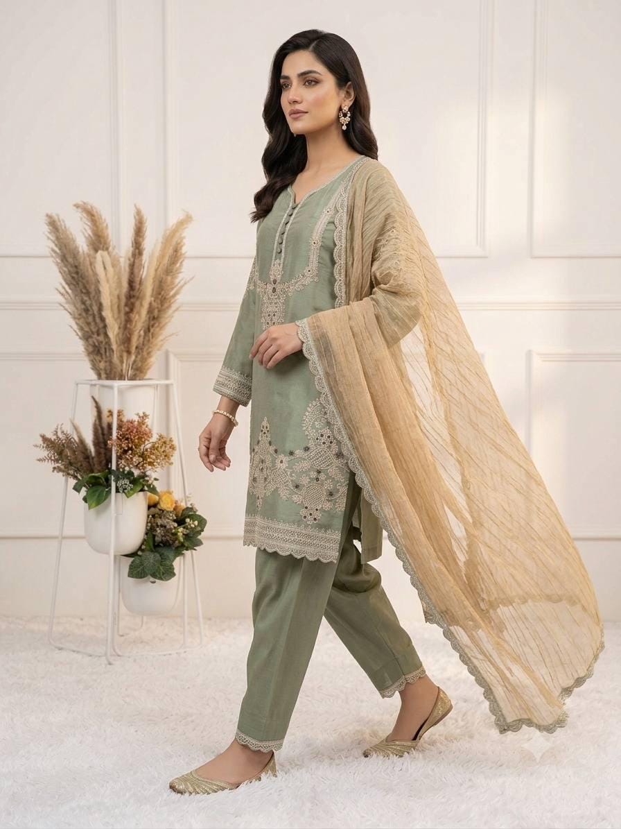 Designer Sage Green Glass Satin Kurta Set with Dupatta | Embroidered Indian Wedding Party Wear