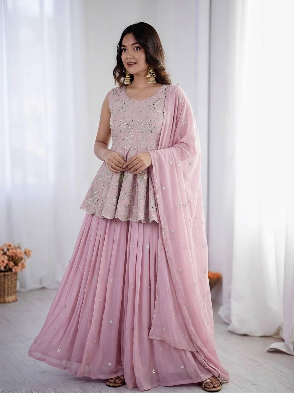 Mauve Purple Embroidered Faux Georgette Top & Lehenga Set | Wedding Guest Dress