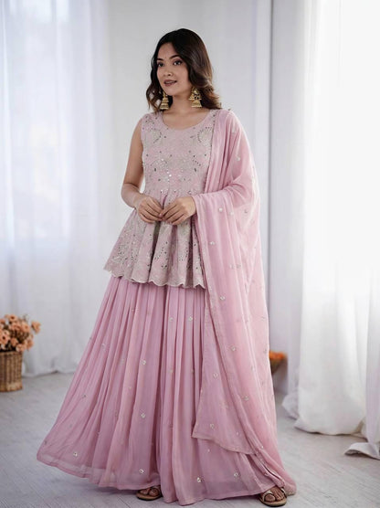 Mauve Purple Embroidered Faux Georgette Top & Lehenga Set | Wedding Guest Dress