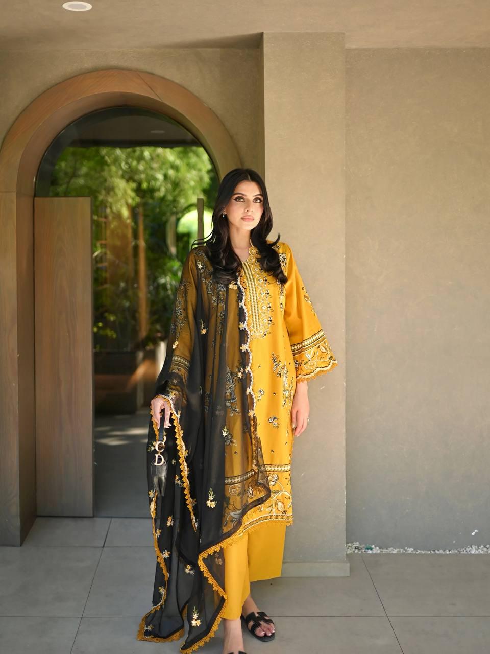 Designer Roman Silk Yellow Salwar Set with Dupatta | Embroidered Wedding Party Wear