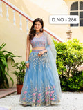 Designer Indian Wedding Lehenga Choli: Sky Blue Soft Net Embroidery Custom Stitched Blouse