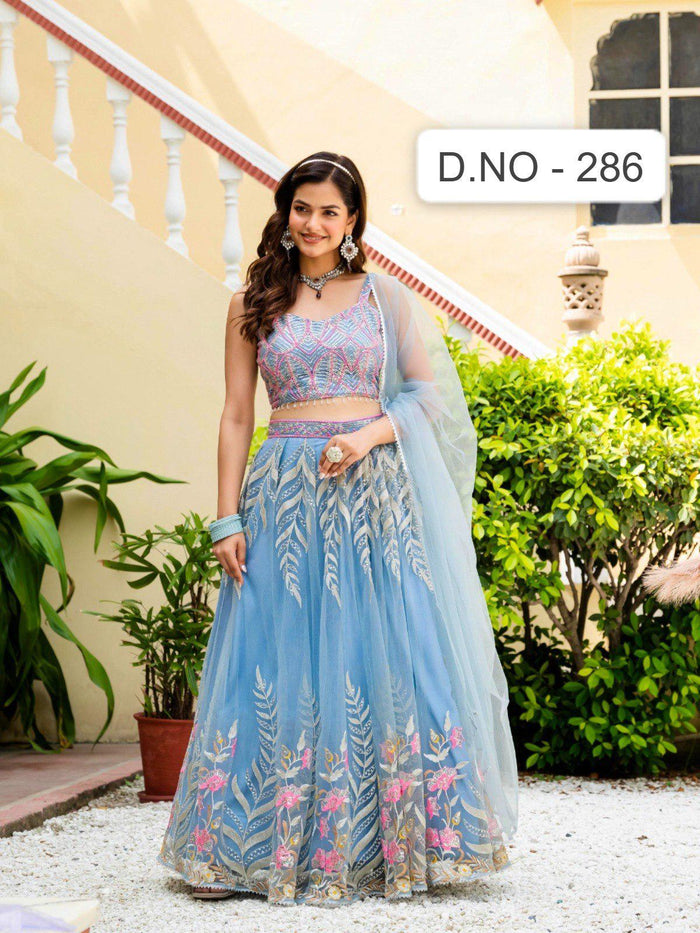 Designer Indian Wedding Lehenga Choli: Sky Blue Soft Net Embroidery Custom Stitched Blouse