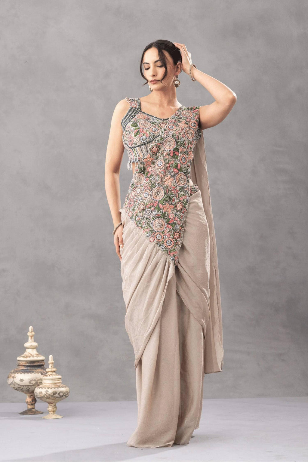 Ready-to-Wear White Chinon Silk Saree with Sequin Work