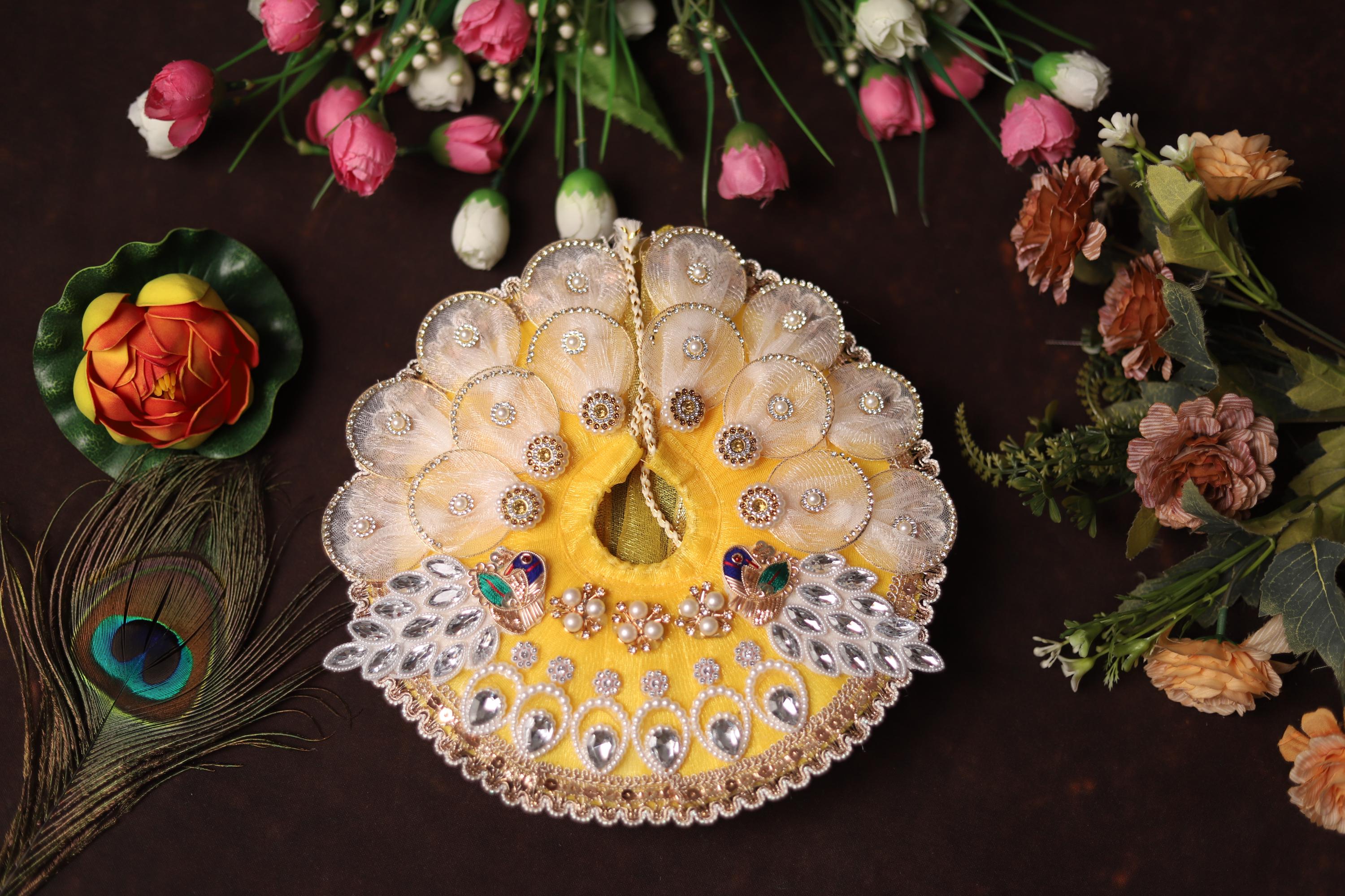 Handcrafted Kanha Ji Poshak with Elegant White Petals and Stone Work Embellishments Traditional Peacock Theme Laddu Gopal Dress