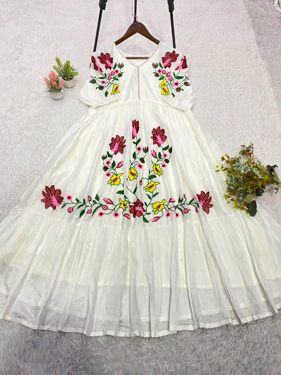 Trendy Rayon Embroidered Maxi Gown | Summer Friendly Long Flare Dress | Fully Stitched Boho Ethnic Anarkali Gown For Women Party Wear