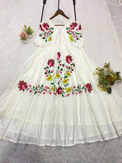 Trendy Rayon Embroidered Maxi Gown | Summer Friendly Long Flare Dress | Fully Stitched Boho Ethnic Anarkali Gown For Women Party Wear