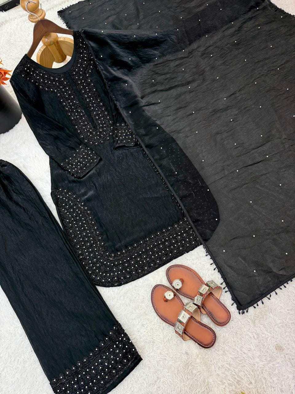 Presenting  New Designer Party Wear Look Top-Plazzo and Dupatta With Heavy Embroidery Beads Work