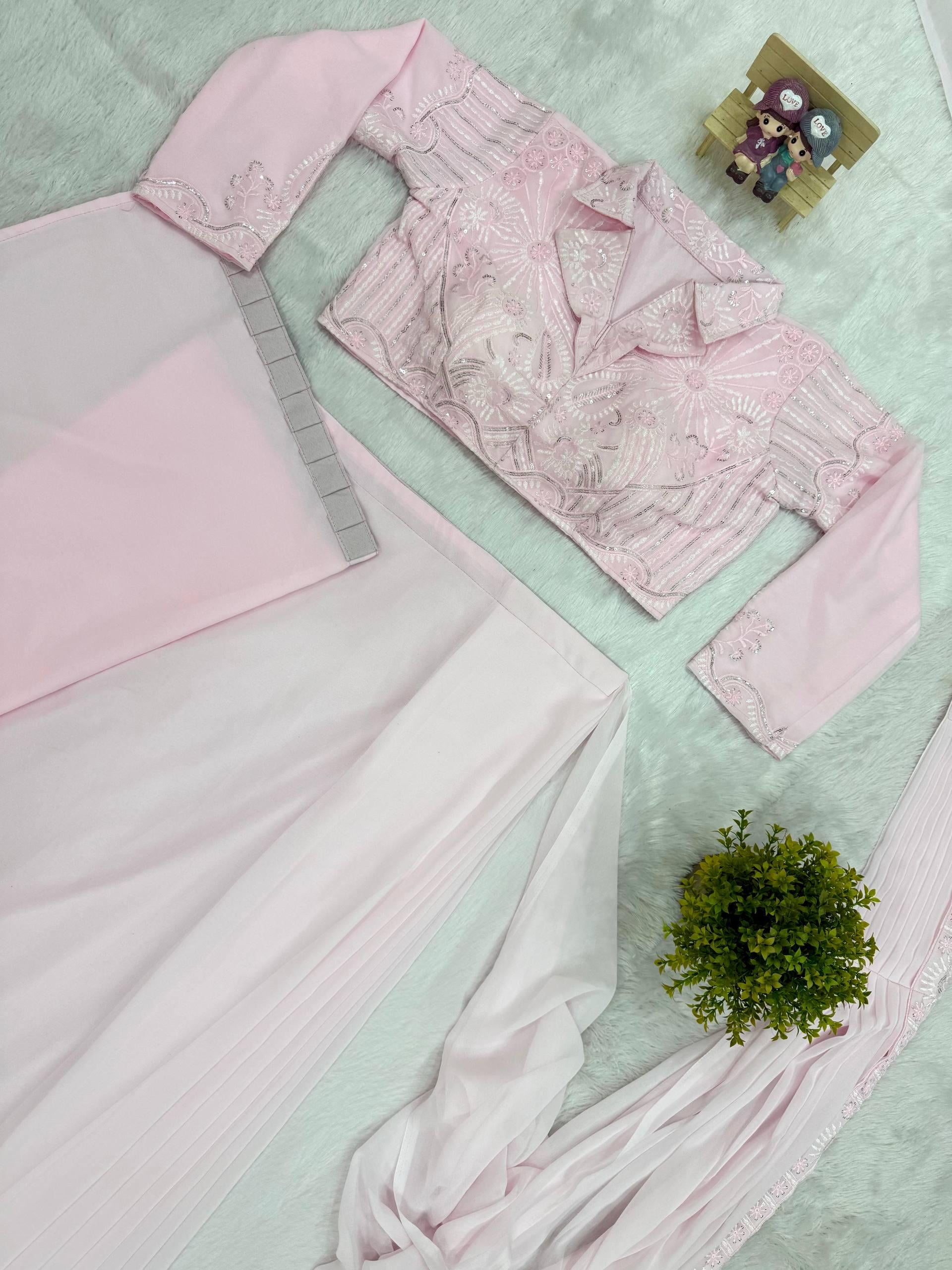 Ready-to-Wear Baby Pink Georgette Drape Saree with Sequins Work Custom Stitch Blouse