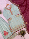 Sky Blue Georgette Suit Set: Heavy Sequence Embroidery, Stitched Salwar Kameez Dupatta