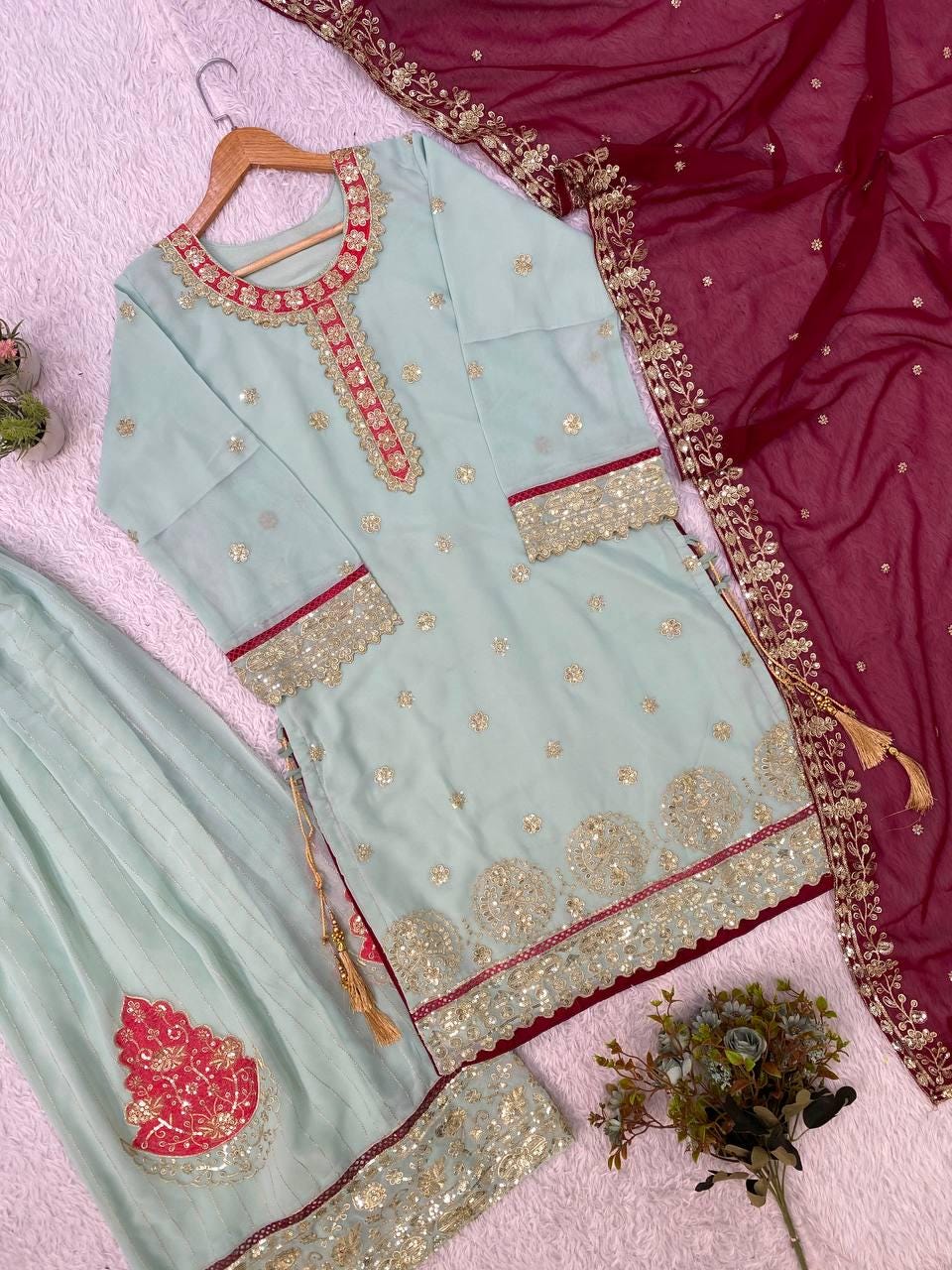 Sky Blue Georgette Suit Set: Heavy Sequence Embroidery, Stitched Salwar Kameez Dupatta