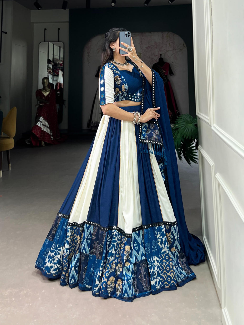 White Blue Mirror Work Lehenga Choli Set | Pure Rayon Dupatta Ensemble