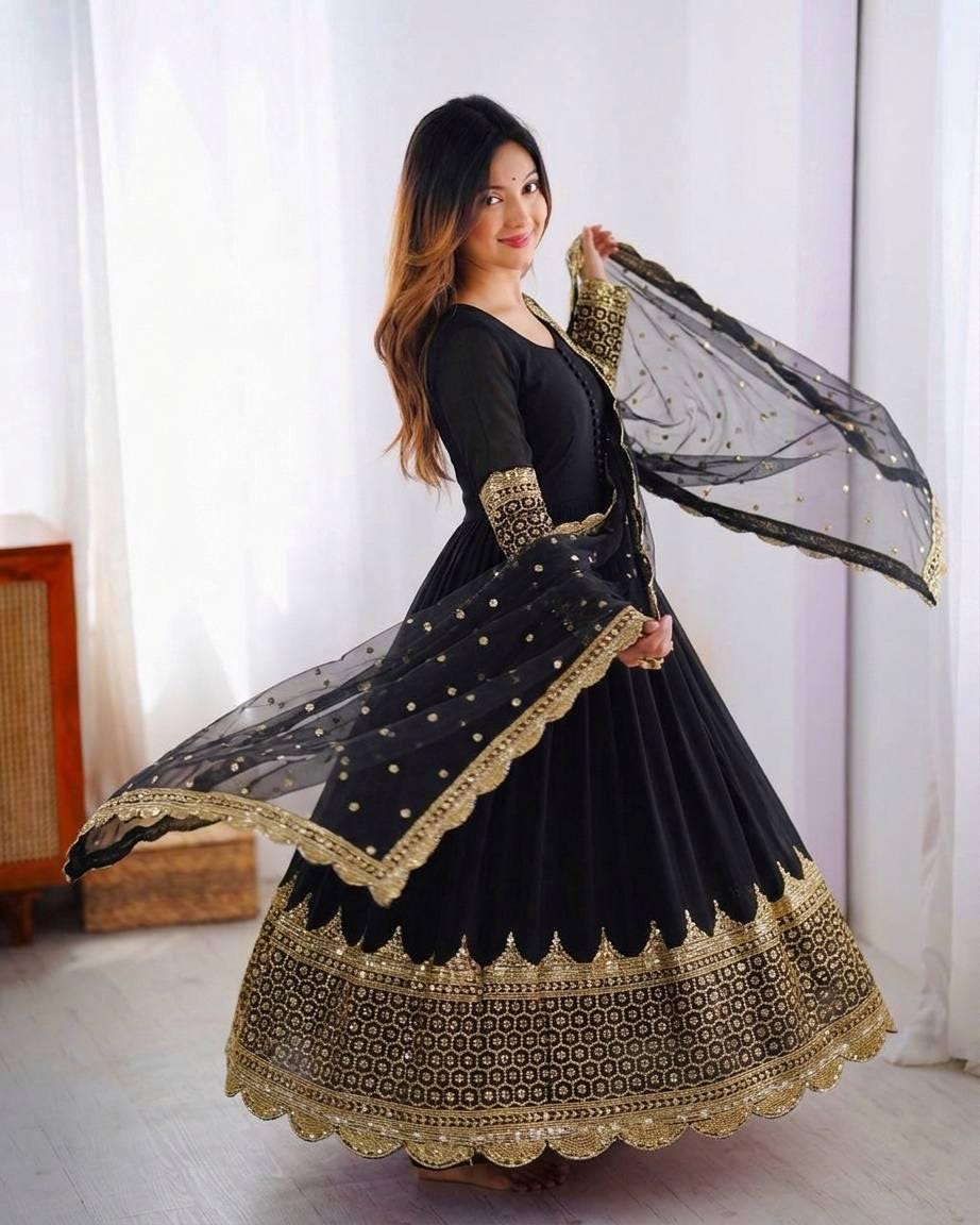 Black Embroidered Anarkali Gown Set, Faux Georgette Sequence Work, Party Wear Ethnic Dress