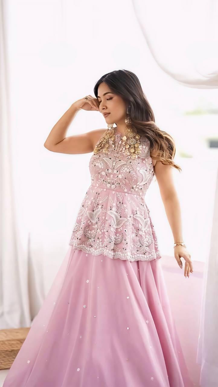 Mauve Purple Embroidered Faux Georgette Top & Lehenga Set | Wedding Guest Dress