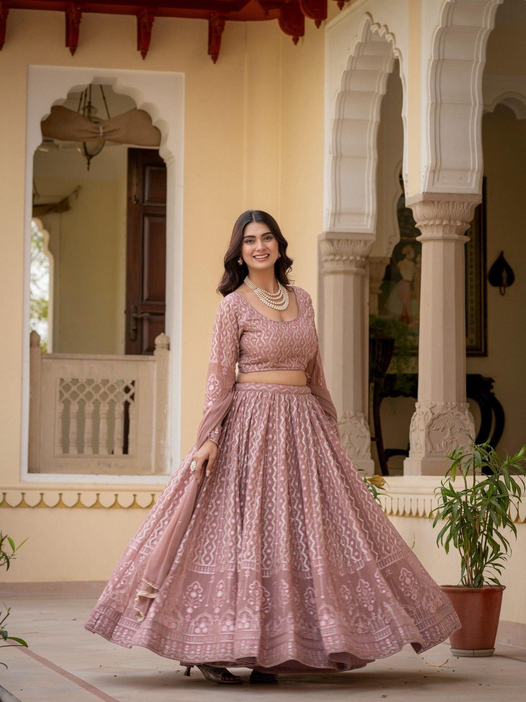 Rosy Brown Embroidered Lehenga Choli Set, Custom Stitched Faux Georgette Traditional Wear