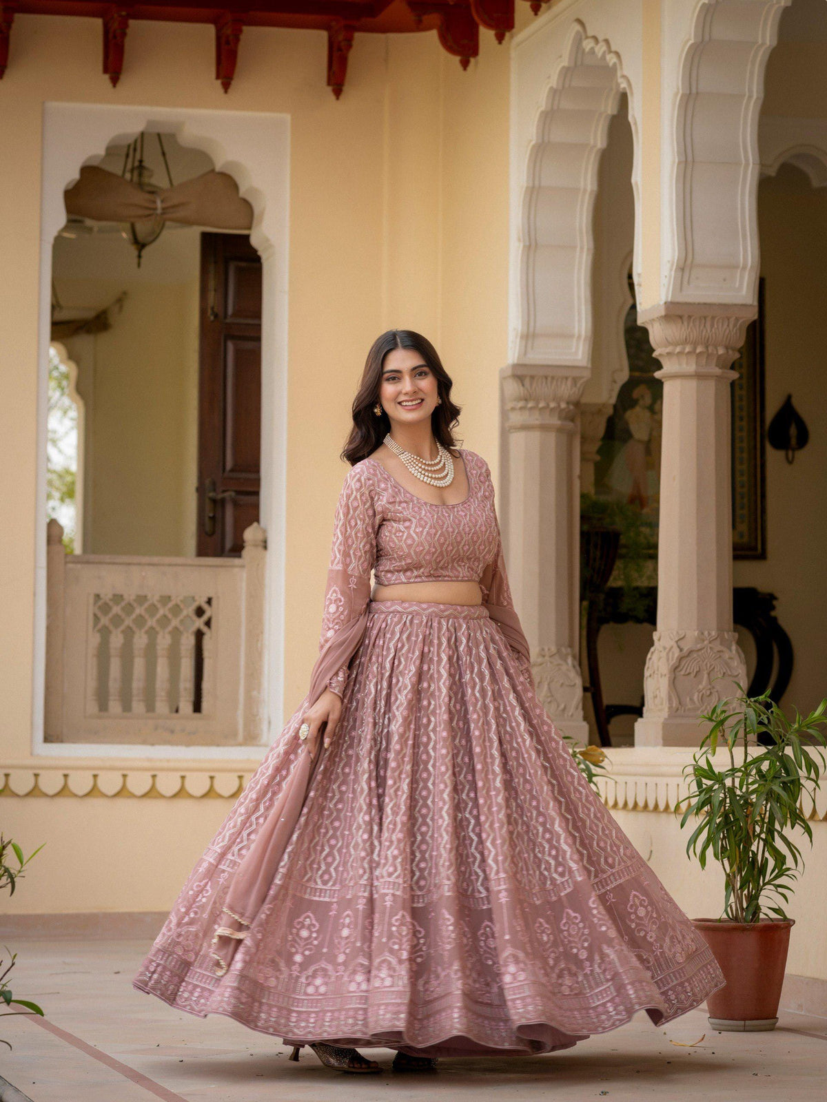 Rosy Brown Embroidered Lehenga Choli Set, Custom Stitched Faux Georgette Traditional Wear