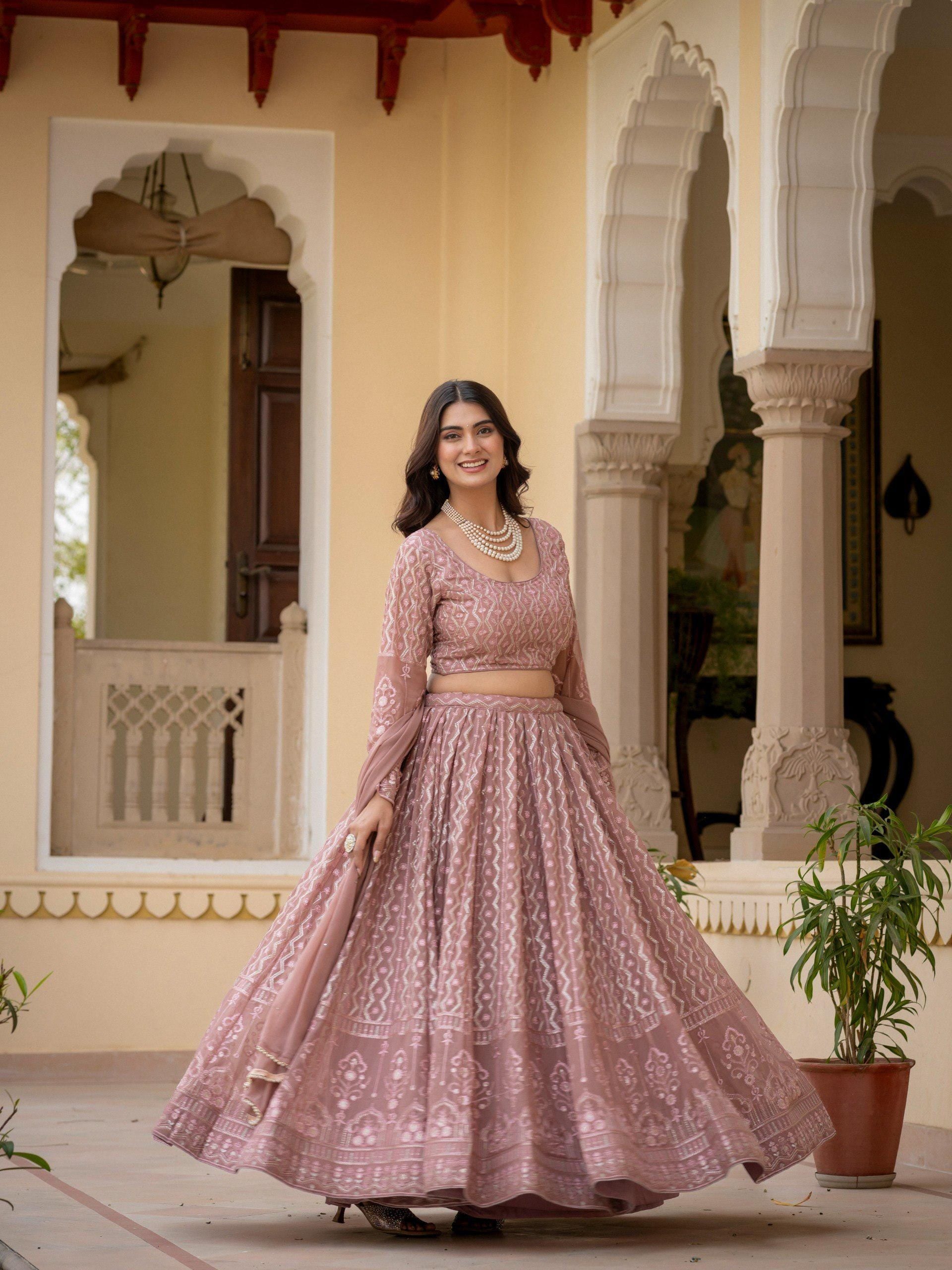 Rosy Brown Embroidered Lehenga Choli Set, Custom Stitched Faux Georgette Traditional Wear