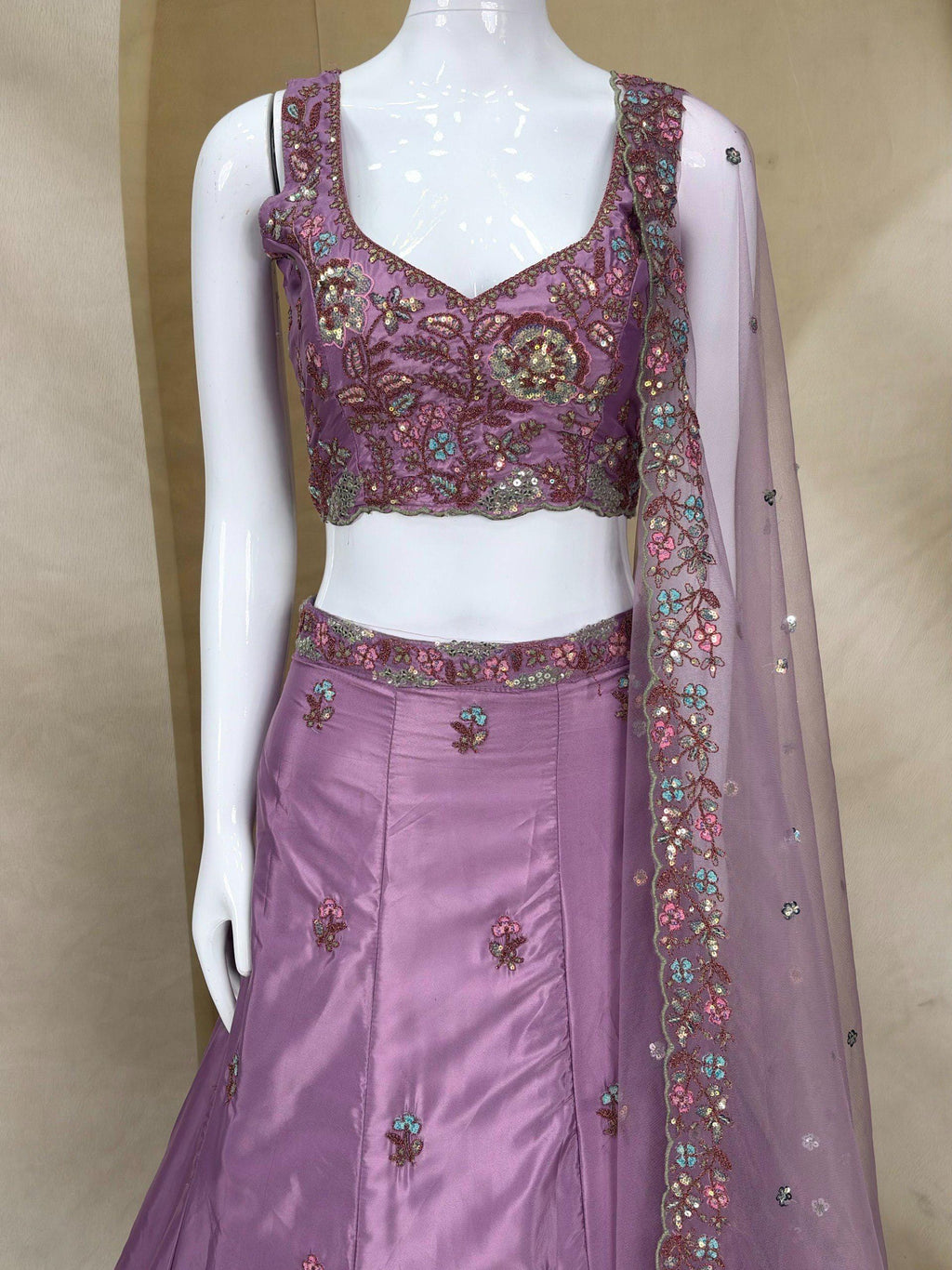 Dusty Purple Embroidered Lehenga Choli Set, French Crepe Dupatta, Wedding Wear