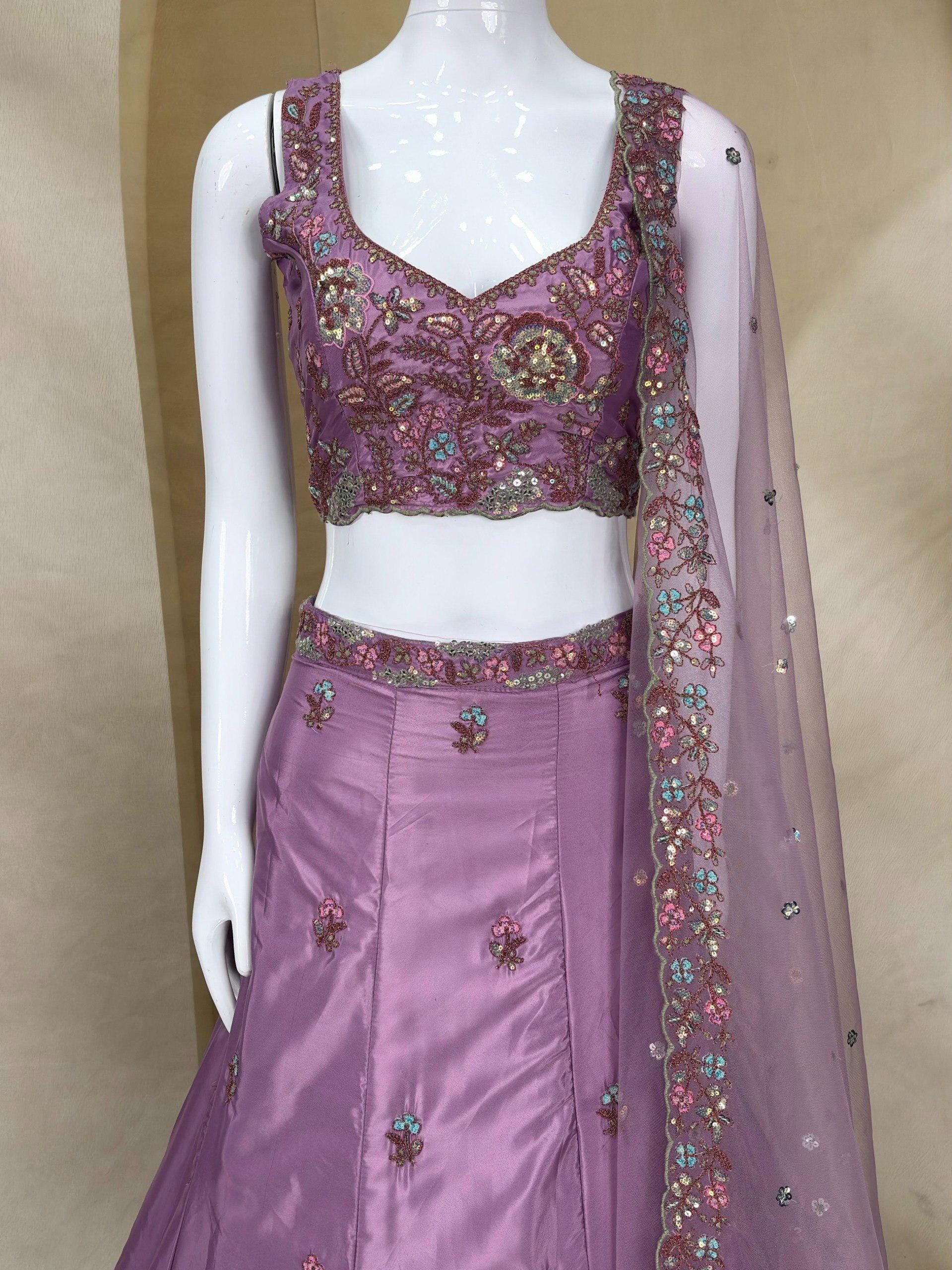 Dusty Purple Embroidered Lehenga Choli Set, French Crepe Dupatta, Wedding Wear