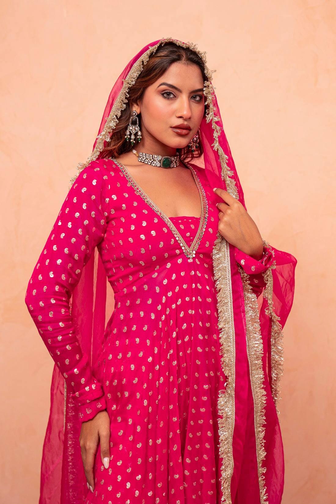 Royal Pink Jacquard Chanderi Silk Kurti Sharara Suit with Real Mirror Work, Net Dupatta