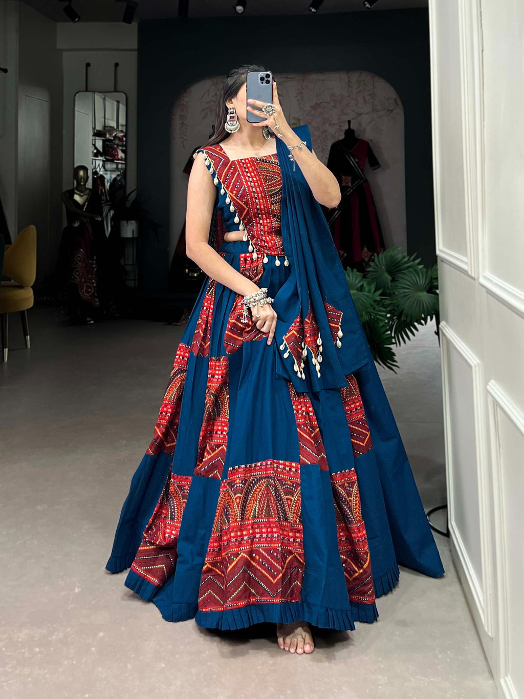 Pure Cotton Blue Lehenga Choli Set: Foil Work, Cowrie Lace Embellishments