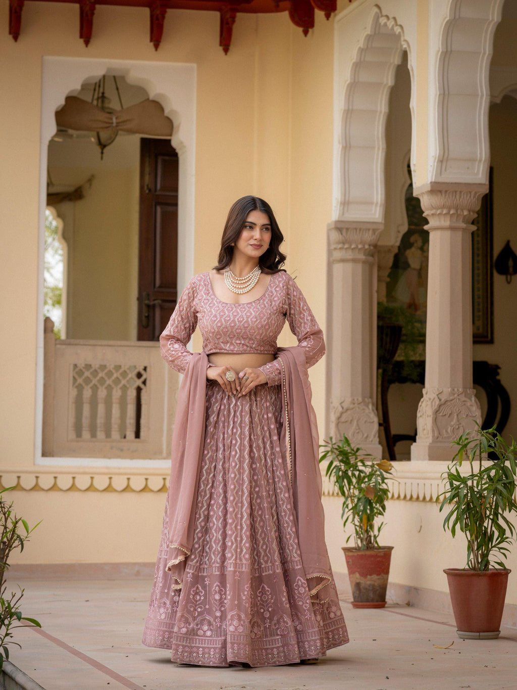 Rosy Brown Embroidered Lehenga Choli Set, Custom Stitched Faux Georgette Traditional Wear