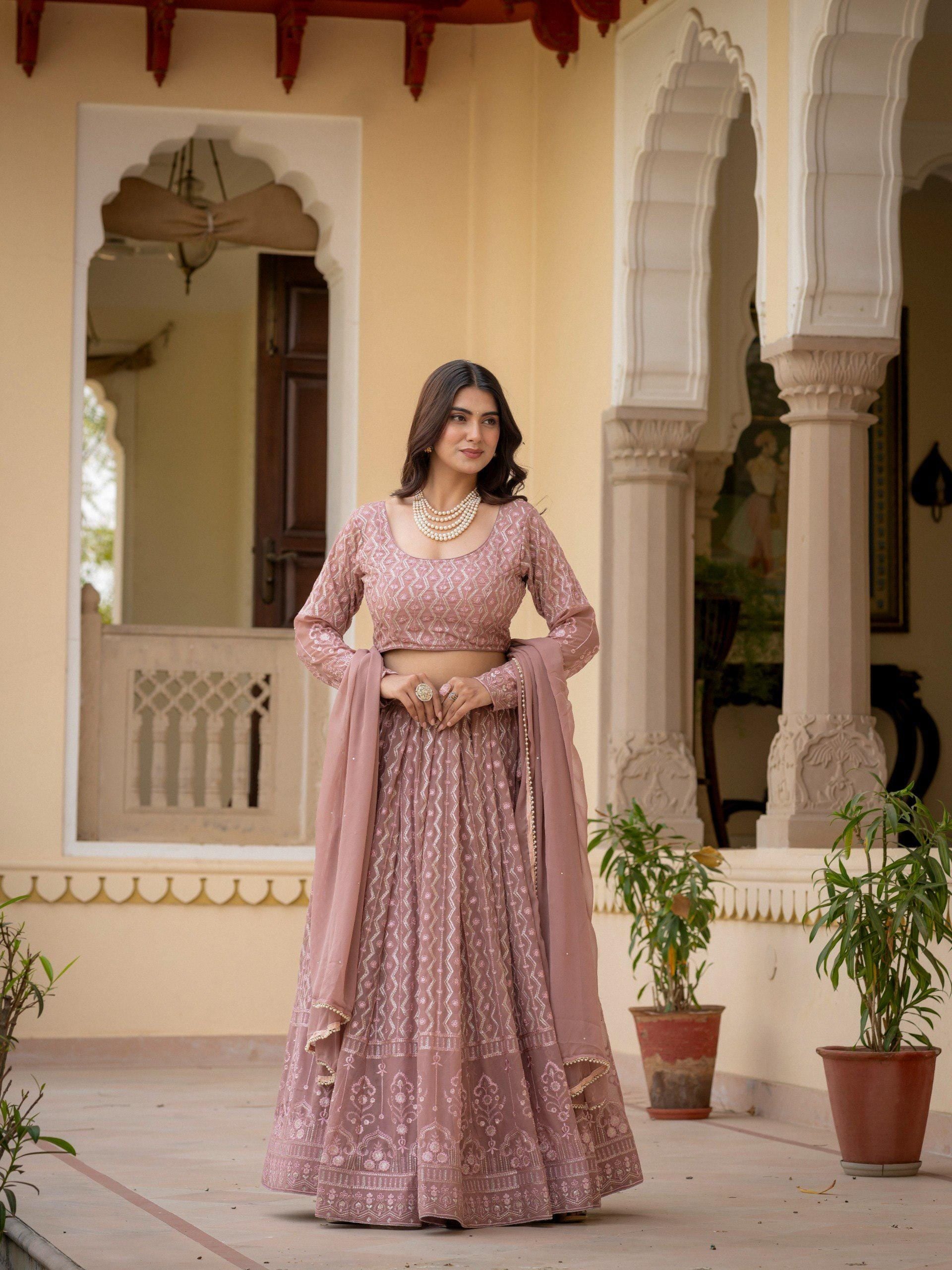 Rosy Brown Embroidered Lehenga Choli Set, Custom Stitched Faux Georgette Traditional Wear