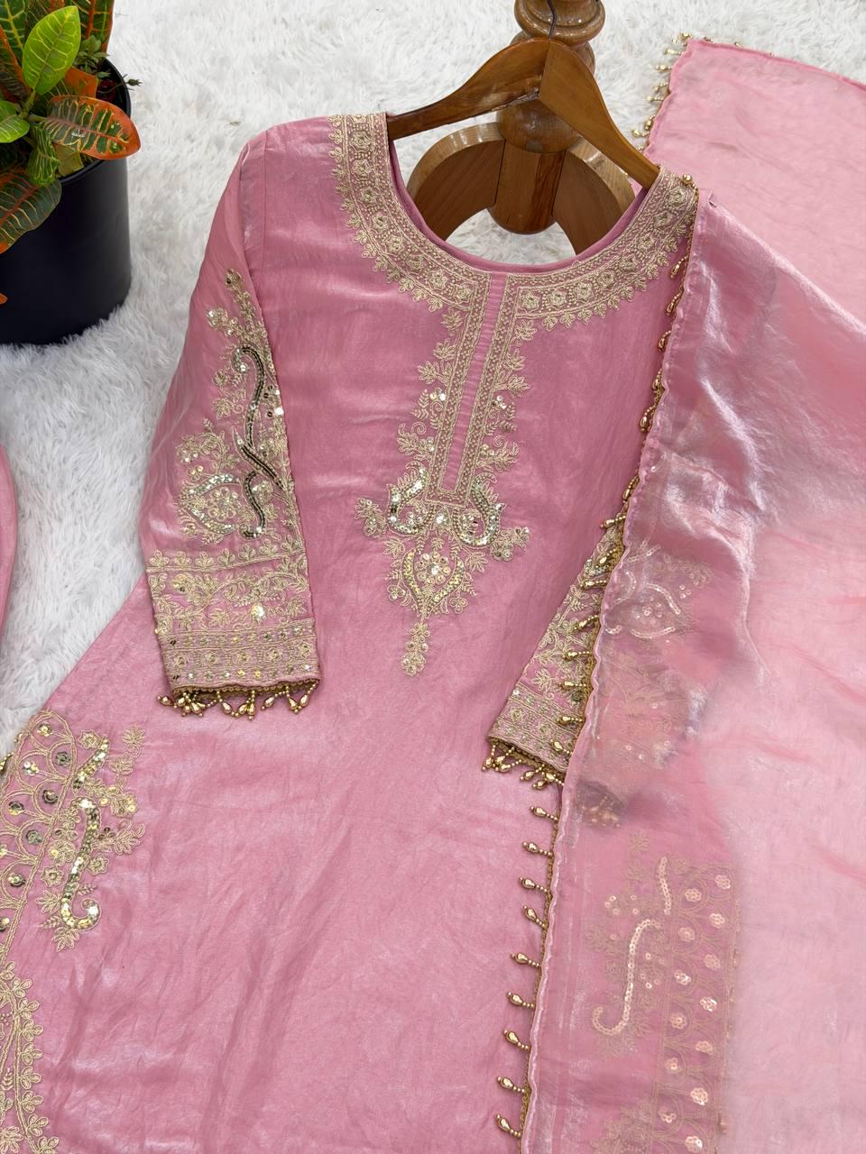 Pink Silk Top, Bottom, Dupatta Set: Heavy Embroidery Sequence Work (Fully Stitched)