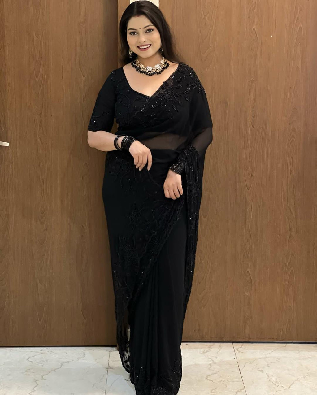 Black Fox Georgette Saree with Beadwork & Cutwork Border