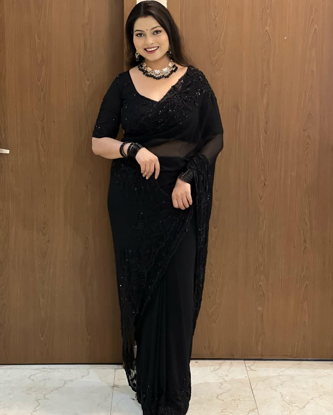 Black Fox Georgette Saree with Beadwork & Cutwork Border