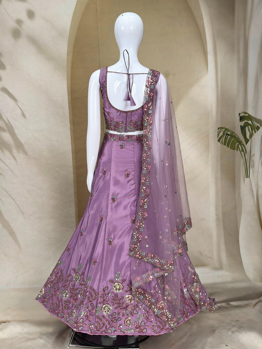 Dusty Purple Embroidered Lehenga Choli Set, French Crepe Dupatta, Wedding Wear