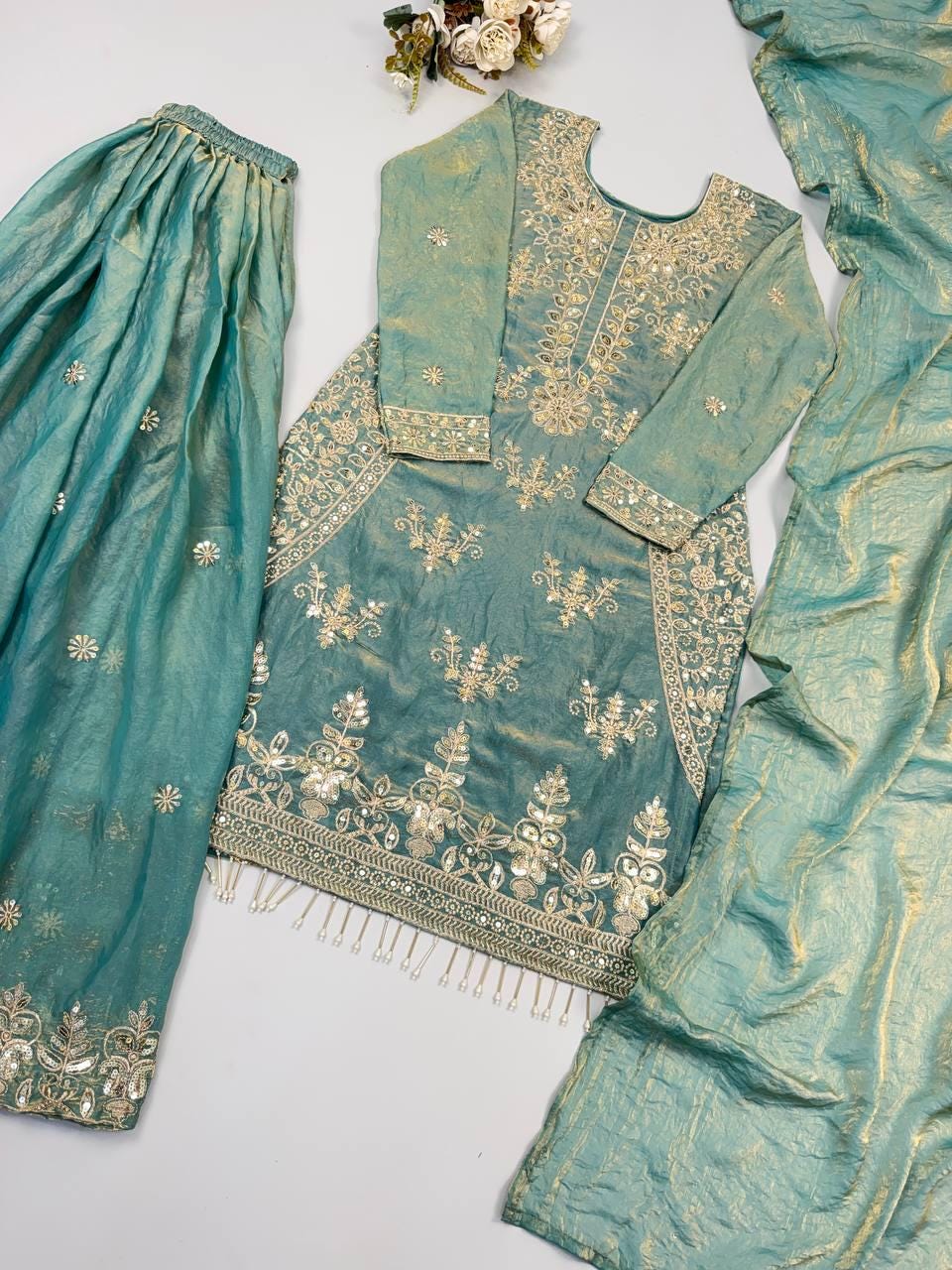 Designer Dusty Green Silk Embroidered Salwar Set with Dupatta | Wedding Party Wear